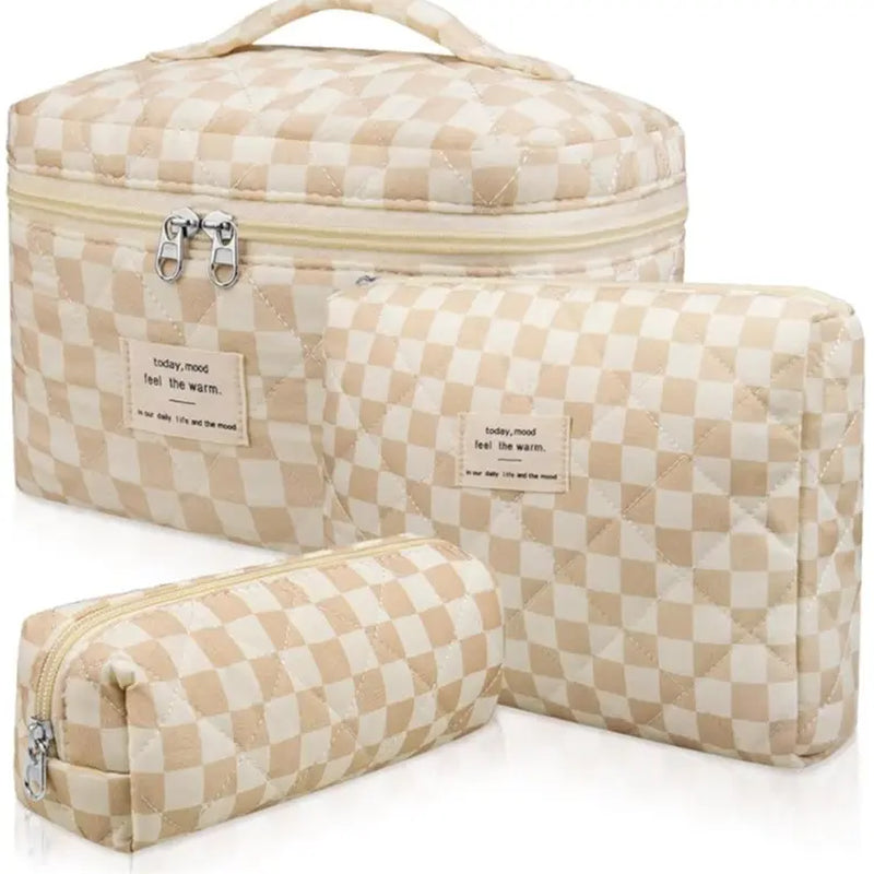 Gosect Quilted Floral 3-Piece Makeup Bags Set - Soft Cotton Diamond Quilting, High-Capacity Tote with Fixed Shoulder Strap, Medium Flat Pouch, Small Pencil Case, Double Zipper, Everyday Bag, Teenage Girl Gifts,Summervibes