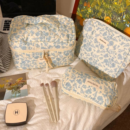 Gosect Quilted Floral 3-Piece Makeup Bags Set - Soft Cotton Diamond Quilting, High-Capacity Tote with Fixed Shoulder Strap, Medium Flat Pouch, Small Pencil Case, Double Zipper, Everyday Bag, Teenage Girl Gifts,Summervibes