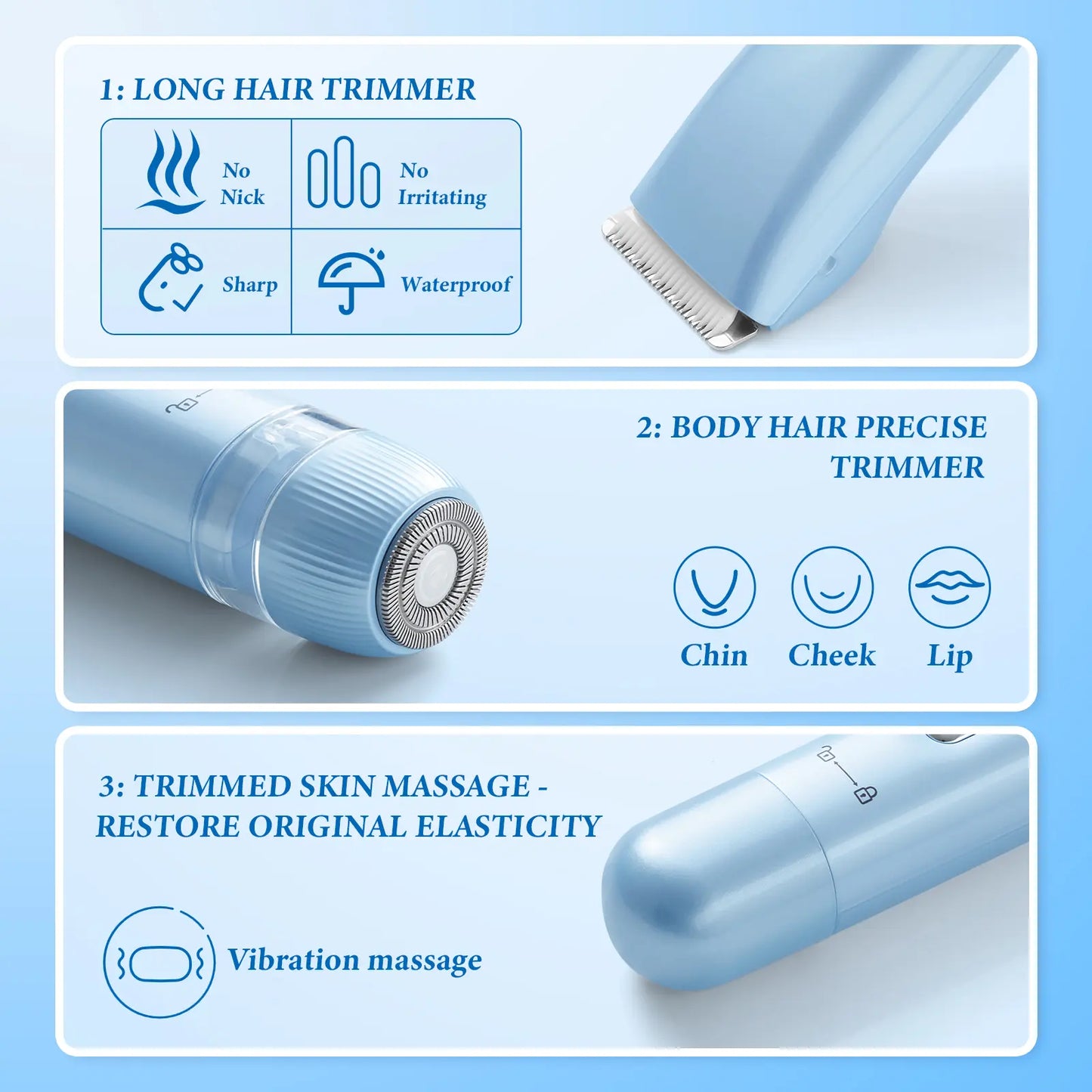 3-In-1 Bikini Trimmer for Women,Electric Shaver and Razor Rechargeable Body and Facial Epilator,Painless Trimming of Pubic Hair, Face, Underarms and Legs, IPX7 Waterproof. Vibration Massage Function 6000~7000 Vibration Min - Clipper,Gift Tiktokshopspringg