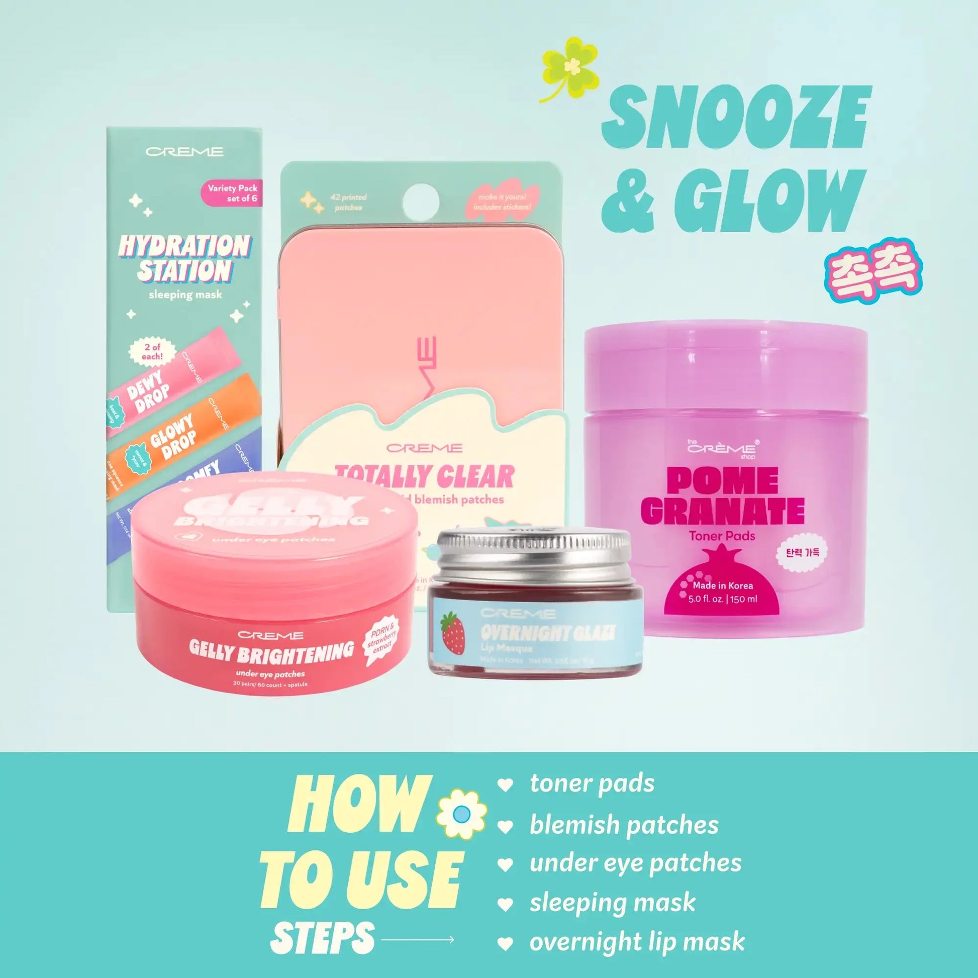 Yonna Jay X Lala Baptiste: Snooze & Glow Skincare Bundle Centella Toner Pads, Blemish Care, Brightening Undereye Patches, Korean PDRN, Strawberry Extract, Ceramides, Skin Barrier Repair, Treat Dark Circles, Hyaluronic Acid, Tea Tree, Collagen, Firming