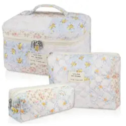 Gosect Quilted Floral 3-Piece Makeup Bags Set - Soft Cotton Diamond Quilting, High-Capacity Tote with Fixed Shoulder Strap, Medium Flat Pouch, Small Pencil Case, Double Zipper, Everyday Bag, Teenage Girl Gifts,Summervibes