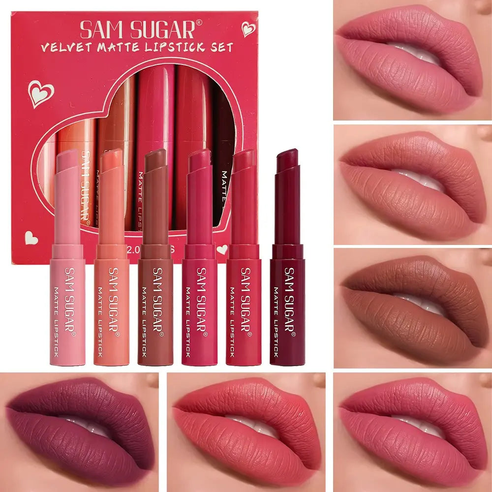 6-Piece Velvet Matte Lipstick Set, Long-Lasting High Pigmentation, Waterproof, Non-Staining, Perfect Makeup Gift for Women, Lip Kit Sets