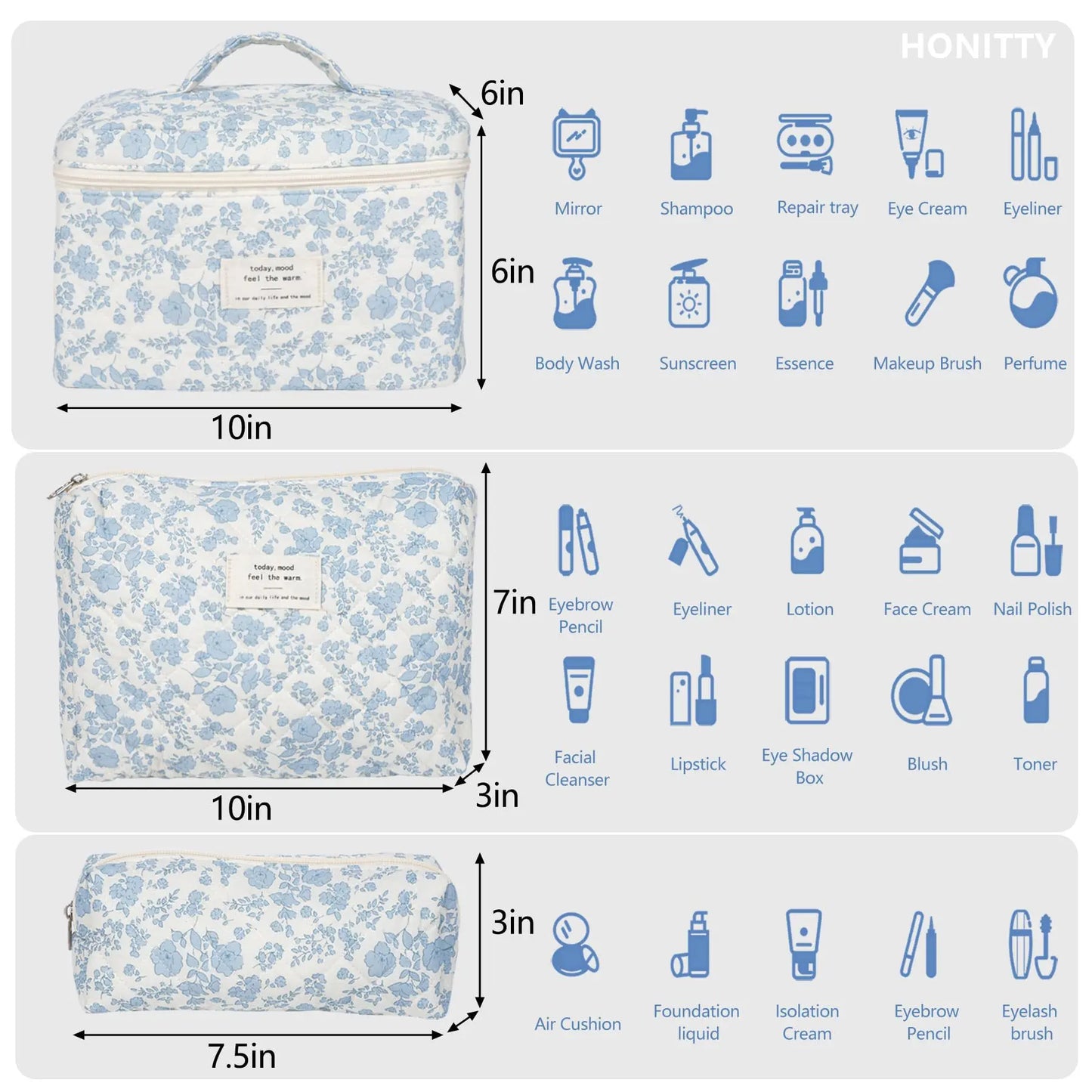 Gosect Quilted Floral 3-Piece Makeup Bags Set - Soft Cotton Diamond Quilting, High-Capacity Tote with Fixed Shoulder Strap, Medium Flat Pouch, Small Pencil Case, Double Zipper, Everyday Bag, Teenage Girl Gifts,Summervibes