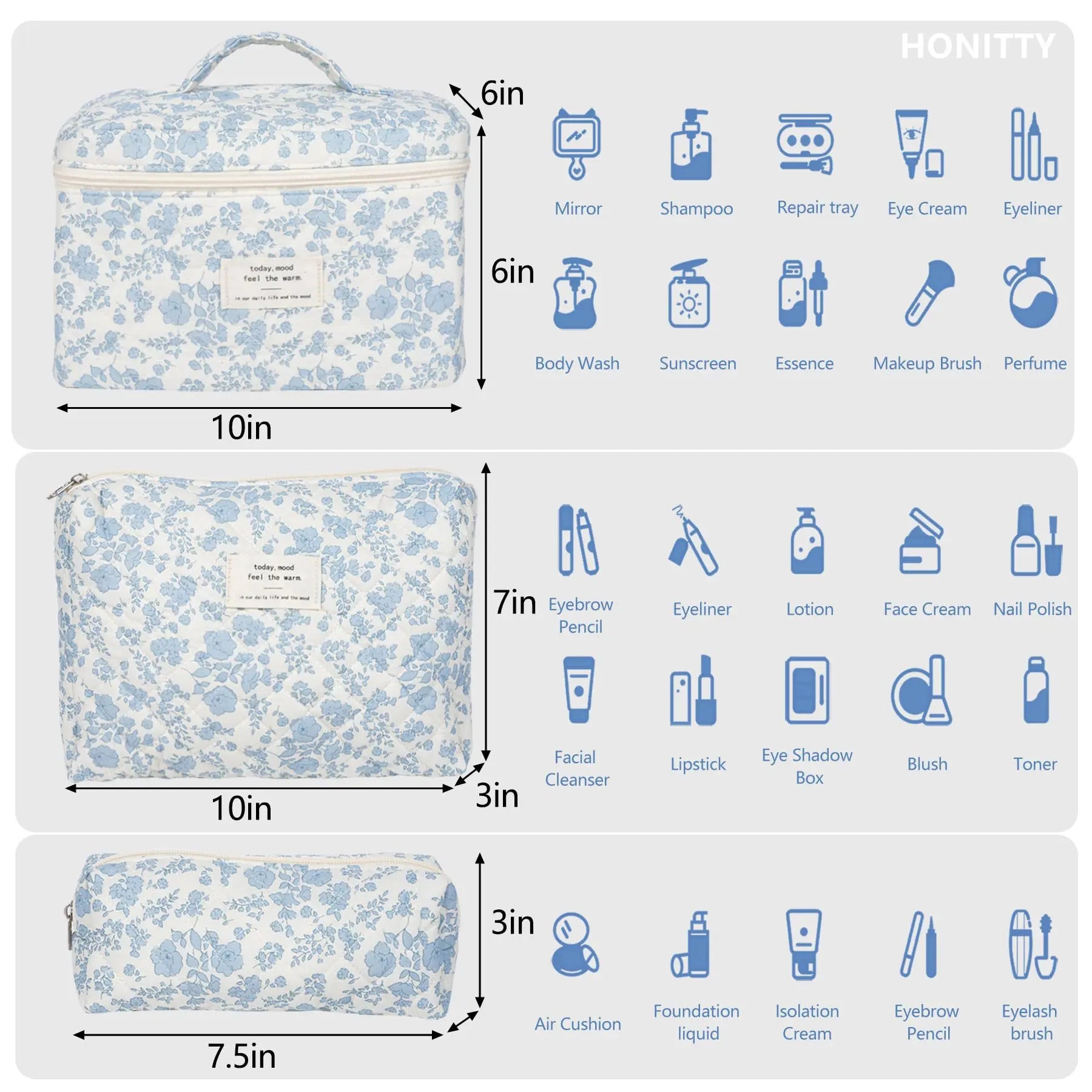 Gosect Quilted Floral 3-Piece Makeup Bags Set - Soft Cotton Diamond Quilting, High-Capacity Tote with Fixed Shoulder Strap, Medium Flat Pouch, Small Pencil Case, Double Zipper, Everyday Bag, Teenage Girl Gifts,Summervibes