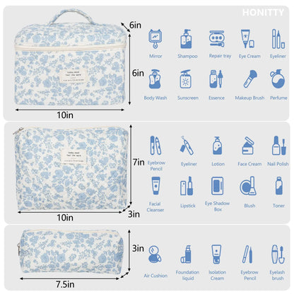Gosect Quilted Floral 3-Piece Makeup Bags Set - Soft Cotton Diamond Quilting, High-Capacity Tote with Fixed Shoulder Strap, Medium Flat Pouch, Small Pencil Case, Double Zipper, Everyday Bag, Teenage Girl Gifts,Summervibes