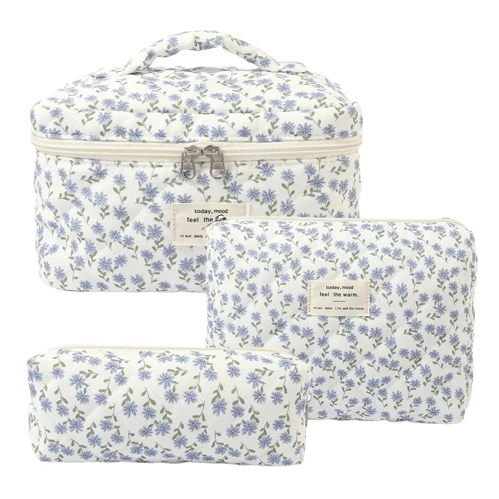 Gosect Quilted Floral 3-Piece Makeup Bags Set - Soft Cotton Diamond Quilting, High-Capacity Tote with Fixed Shoulder Strap, Medium Flat Pouch, Small Pencil Case, Double Zipper, Everyday Bag, Teenage Girl Gifts,Summervibes