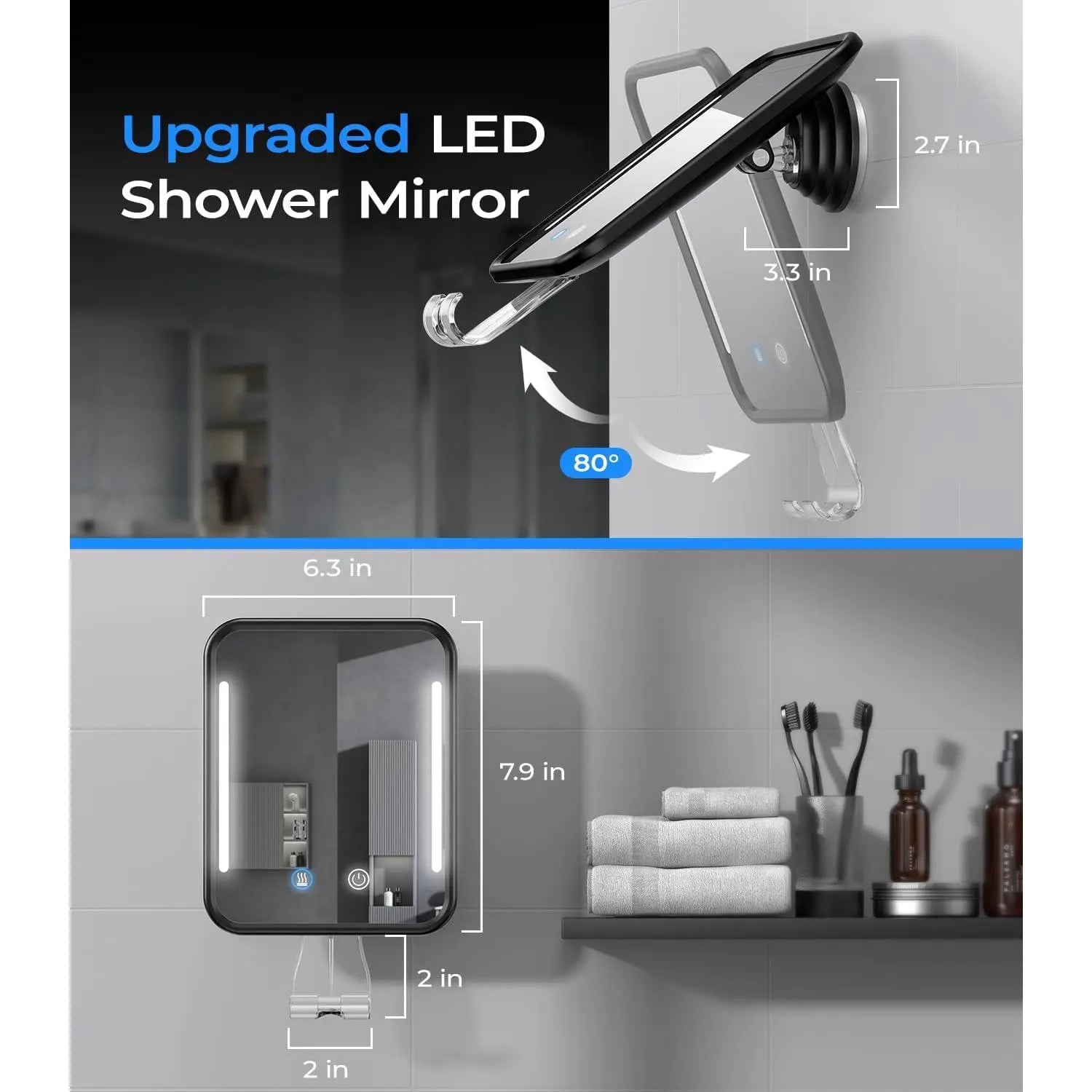 Heated Shower Mirror Fogless for Shaving with Light, 5000Mah Rechargeable , Detachable Suction Cup and Razor Holder for Wall, No-Drilling, Removable, for Bathroom - Black