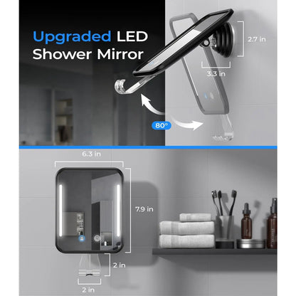Heated Shower Mirror Fogless for Shaving with Light, 5000Mah Rechargeable , Detachable Suction Cup and Razor Holder for Wall, No-Drilling, Removable, for Bathroom - Black