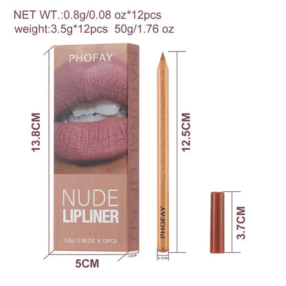 PHOFAY 12 Shades Nude Lip Liner Kit | Waterproof & Ultra-Smooth Lip Pencils | Perfect Gift Set for Daily Makeup