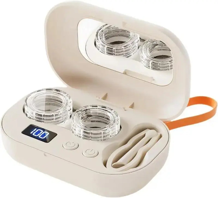 Ultrasonic Rechargeable Contact Lens Cleaner with Vanity Mirror – Portable Case for Hard & Soft Lenses, 2 Cleaning Modes, Daily Deep Cleaning for Travel, Sports, Office, and Home Use