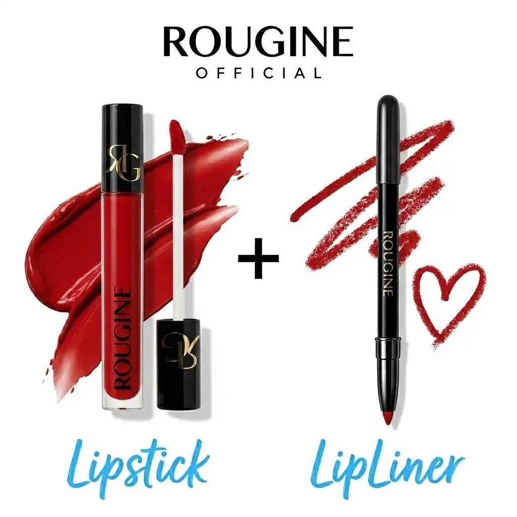 Rougine Matte Lipstick & Lip Liner Set for Women Red Love Shade Long-Lasting Waterproof 2-In-1 Lip Kit Smudge-Proof Liquid Lipstick with Precision Liner Enriched with Vitamin E & Shea Butter - Gloss, Lipgloss