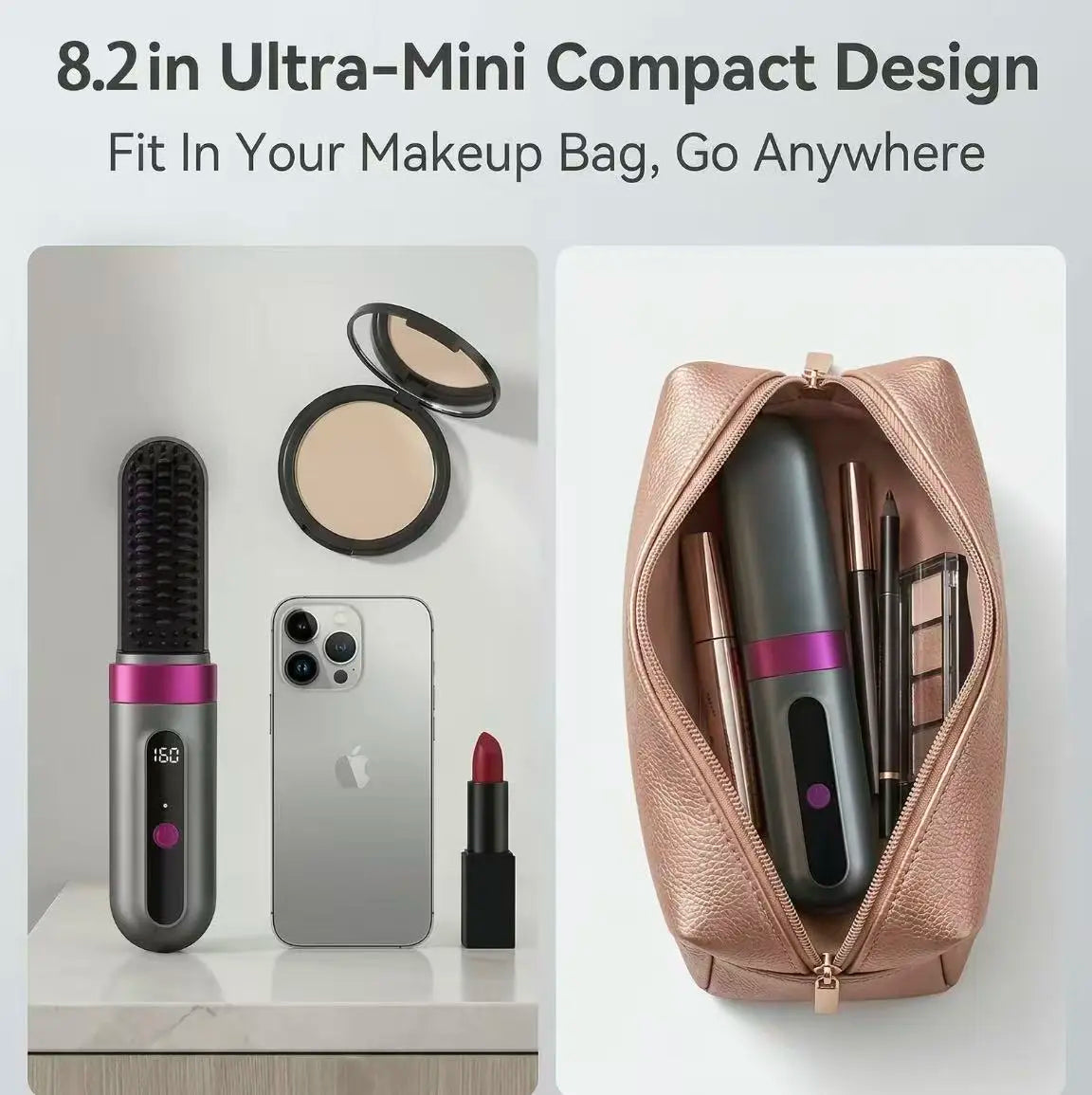 Mini Capsule Cordless Hair Straightening Brush, Rechargeable Heated Brush with LCD Display, Ceramic Bristles, Pocket-Size Travel Hair Styler for On-The-Go Use