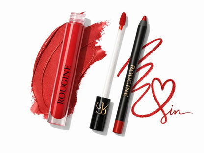 Rougine Matte Lipstick & Lip Liner Set for Women Red Love Shade Long-Lasting Waterproof 2-In-1 Lip Kit Smudge-Proof Liquid Lipstick with Precision Liner Enriched with Vitamin E & Shea Butter - Gloss, Lipgloss