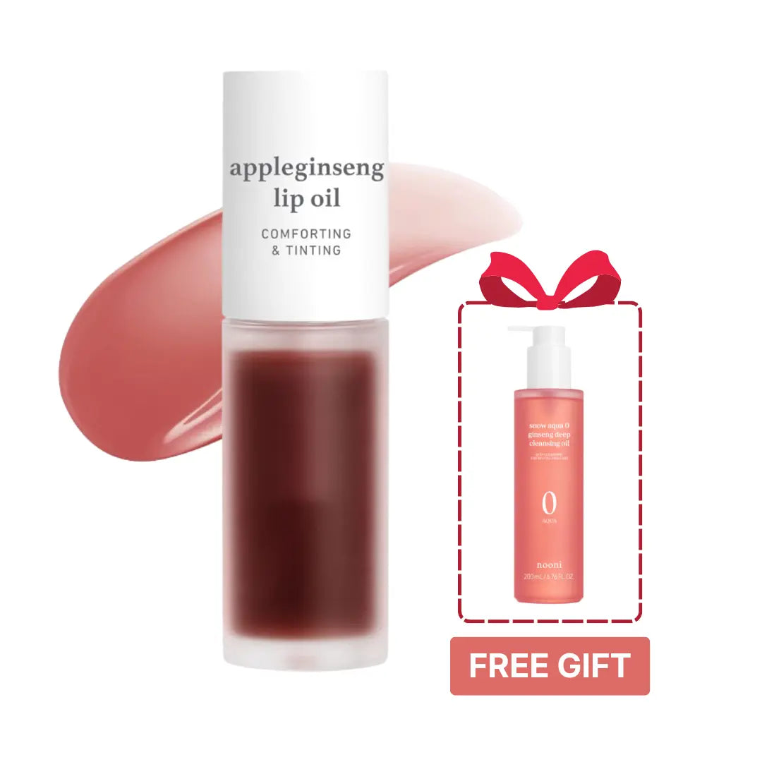 Nooni Apple Lip Tint Stain + Ginseng Cleansing Oil (Free Gift) Bundle | Glossy Lip Tint, Moisturizing Lip Care & Revitalizing Makeup Remover for Glass Skin, All Skin Types