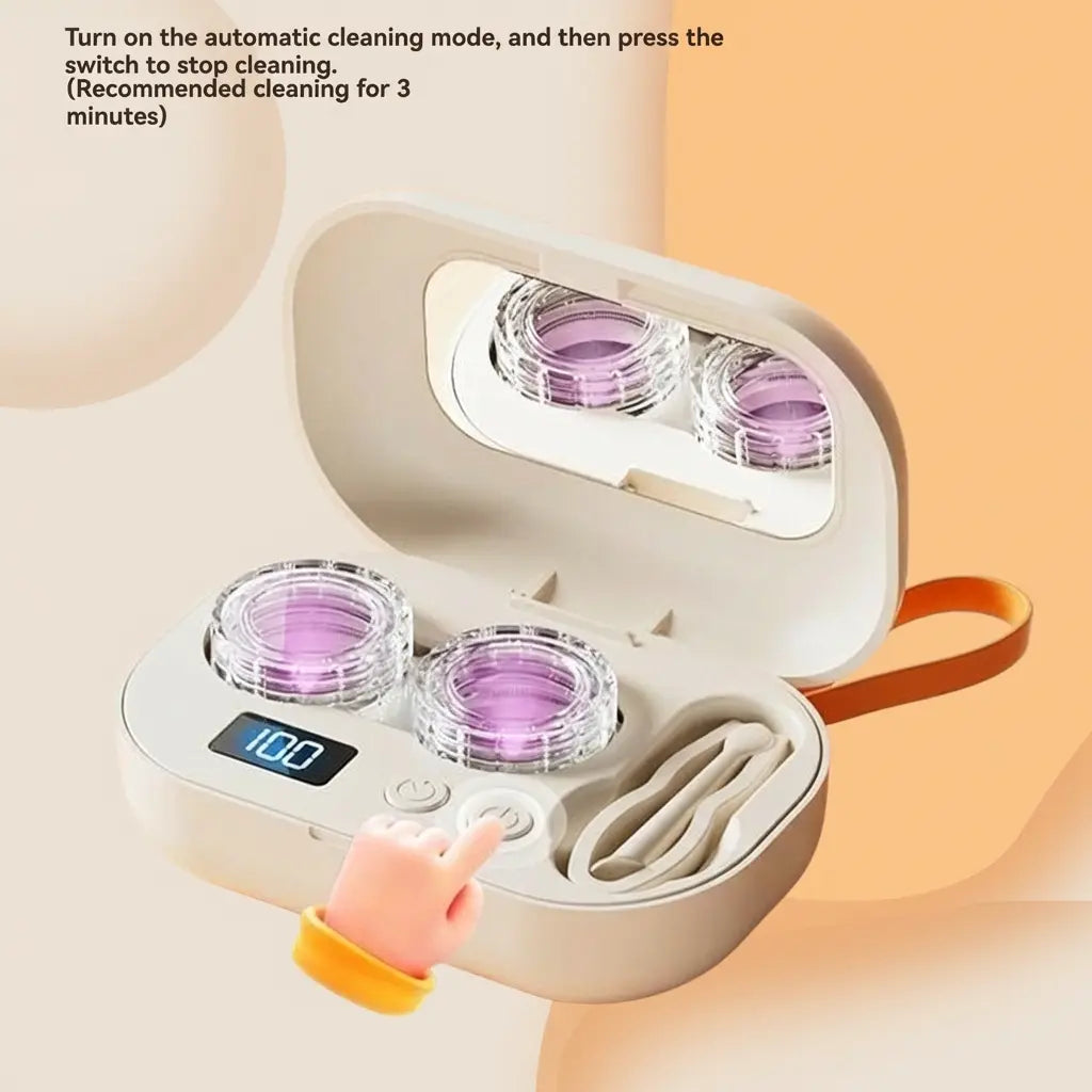 Ultrasonic Rechargeable Contact Lens Cleaner with Vanity Mirror – Portable Case for Hard & Soft Lenses, 2 Cleaning Modes, Daily Deep Cleaning for Travel, Sports, Office, and Home Use