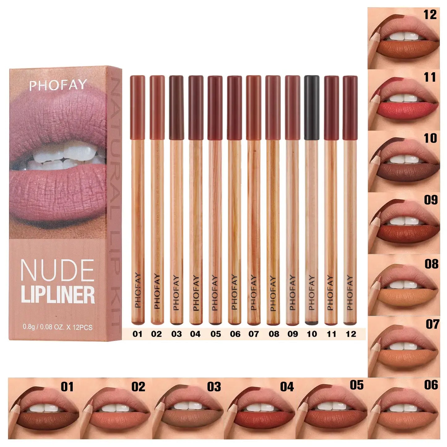 PHOFAY 12 Shades Nude Lip Liner Kit | Waterproof & Ultra-Smooth Lip Pencils | Perfect Gift Set for Daily Makeup