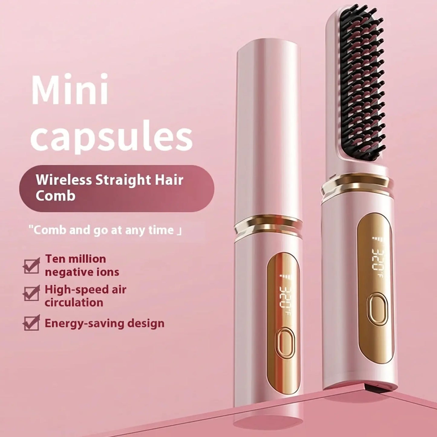 Cordless Hair Straightener Brush with Cover - Portable Mini Negative Ion Hot Comb for Travel, Gym & Car - USB Rechargeable Anti-Scald Hair Styler Hair Styling Tools