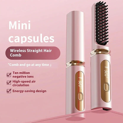 Cordless Hair Straightener Brush with Cover - Portable Mini Negative Ion Hot Comb for Travel, Gym & Car - USB Rechargeable Anti-Scald Hair Styler Hair Styling Tools