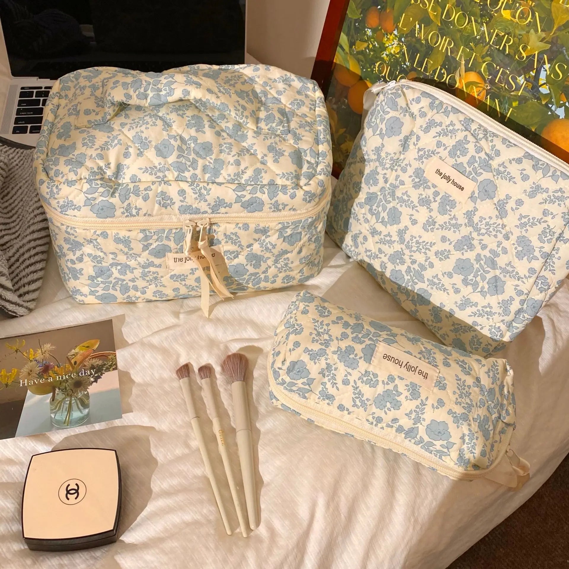 Gosect Quilted Floral 3-Piece Makeup Bags Set - Soft Cotton Diamond Quilting, High-Capacity Tote with Fixed Shoulder Strap, Medium Flat Pouch, Small Pencil Case, Double Zipper, Everyday Bag, Teenage Girl Gifts,Summervibes