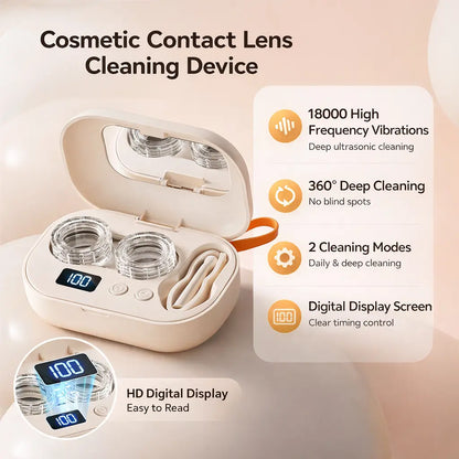 Ultrasonic Rechargeable Contact Lens Cleaner with Vanity Mirror – Portable Case for Hard & Soft Lenses, 2 Cleaning Modes, Daily Deep Cleaning for Travel, Sports, Office, and Home Use