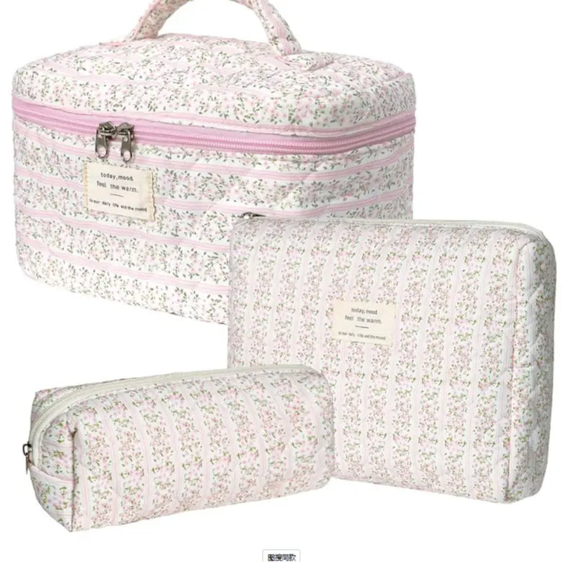 Gosect Quilted Floral 3-Piece Makeup Bags Set - Soft Cotton Diamond Quilting, High-Capacity Tote with Fixed Shoulder Strap, Medium Flat Pouch, Small Pencil Case, Double Zipper, Everyday Bag, Teenage Girl Gifts,Summervibes