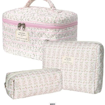 Gosect Quilted Floral 3-Piece Makeup Bags Set - Soft Cotton Diamond Quilting, High-Capacity Tote with Fixed Shoulder Strap, Medium Flat Pouch, Small Pencil Case, Double Zipper, Everyday Bag, Teenage Girl Gifts,Summervibes