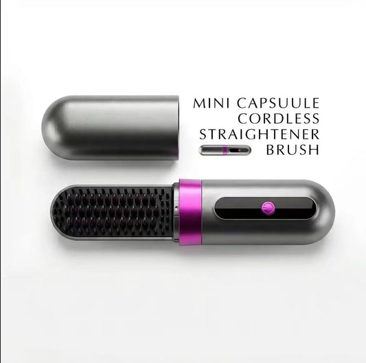 Mini Capsule Cordless Hair Straightening Brush, Rechargeable Heated Brush with LCD Display, Ceramic Bristles, Pocket-Size Travel Hair Styler for On-The-Go Use