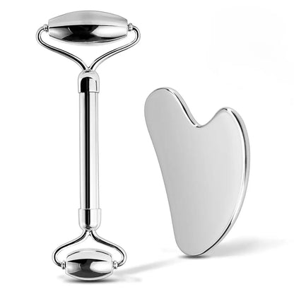 Stainless Steel Gua Sha & Face Roller Set for Jawline Sculpting, Depuffing & Skin Glow, Facial Massage Tool for Lymphatic Drainage, anti Puff Face Sculpting Kit for Women Daily Skin Care Routine