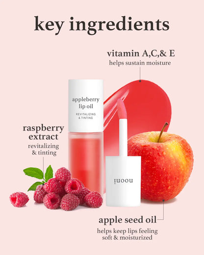 Nooni Apple Lip Tint Stain + Ginseng Cleansing Oil (Free Gift) Bundle | Glossy Lip Tint, Moisturizing Lip Care & Revitalizing Makeup Remover for Glass Skin, All Skin Types
