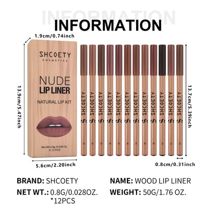 12 Pcs Nude Lip Liner Set, Natural Wood Lip Pencil Kit, Creamy Smooth Matte Formula, Long-Lasting Smudge-Resistant Lip Contour Pencils for Defined Lip Shape, Easy to Apply, Blend and Layer for Daily.