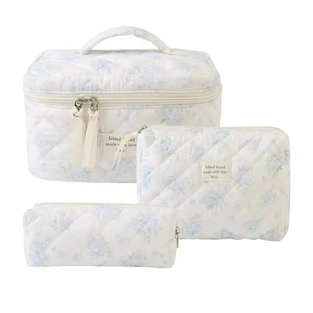 Gosect Quilted Floral 3-Piece Makeup Bags Set - Soft Cotton Diamond Quilting, High-Capacity Tote with Fixed Shoulder Strap, Medium Flat Pouch, Small Pencil Case, Double Zipper, Everyday Bag, Teenage Girl Gifts,Summervibes
