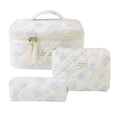 Gosect Quilted Floral 3-Piece Makeup Bags Set - Soft Cotton Diamond Quilting, High-Capacity Tote with Fixed Shoulder Strap, Medium Flat Pouch, Small Pencil Case, Double Zipper, Everyday Bag, Teenage Girl Gifts,Summervibes