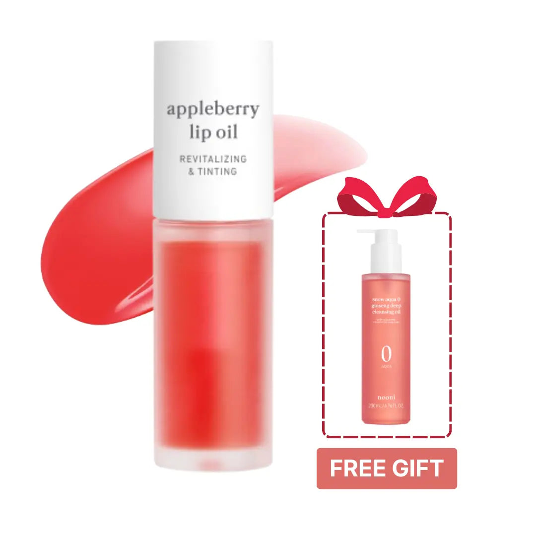 Nooni Apple Lip Tint Stain + Ginseng Cleansing Oil (Free Gift) Bundle | Glossy Lip Tint, Moisturizing Lip Care & Revitalizing Makeup Remover for Glass Skin, All Skin Types