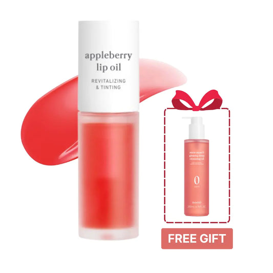 Nooni Apple Lip Tint Stain + Ginseng Cleansing Oil (Free Gift) Bundle | Glossy Lip Tint, Moisturizing Lip Care & Revitalizing Makeup Remover for Glass Skin, All Skin Types