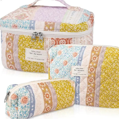 Gosect Quilted Floral 3-Piece Makeup Bags Set - Soft Cotton Diamond Quilting, High-Capacity Tote with Fixed Shoulder Strap, Medium Flat Pouch, Small Pencil Case, Double Zipper, Everyday Bag, Teenage Girl Gifts,Summervibes