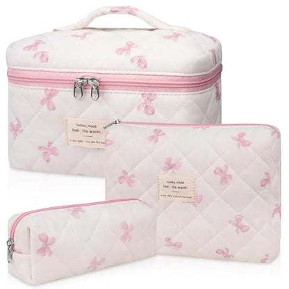 Gosect Quilted Floral 3-Piece Makeup Bags Set - Soft Cotton Diamond Quilting, High-Capacity Tote with Fixed Shoulder Strap, Medium Flat Pouch, Small Pencil Case, Double Zipper, Everyday Bag, Teenage Girl Gifts,Summervibes
