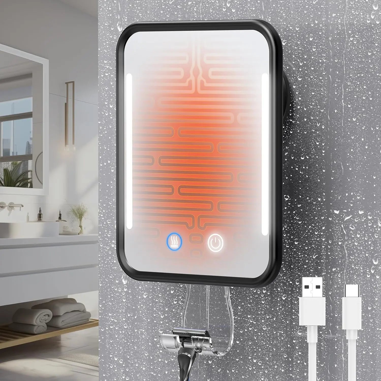 Heated Shower Mirror Fogless for Shaving with Light, 5000Mah Rechargeable , Detachable Suction Cup and Razor Holder for Wall, No-Drilling, Removable, for Bathroom - Black