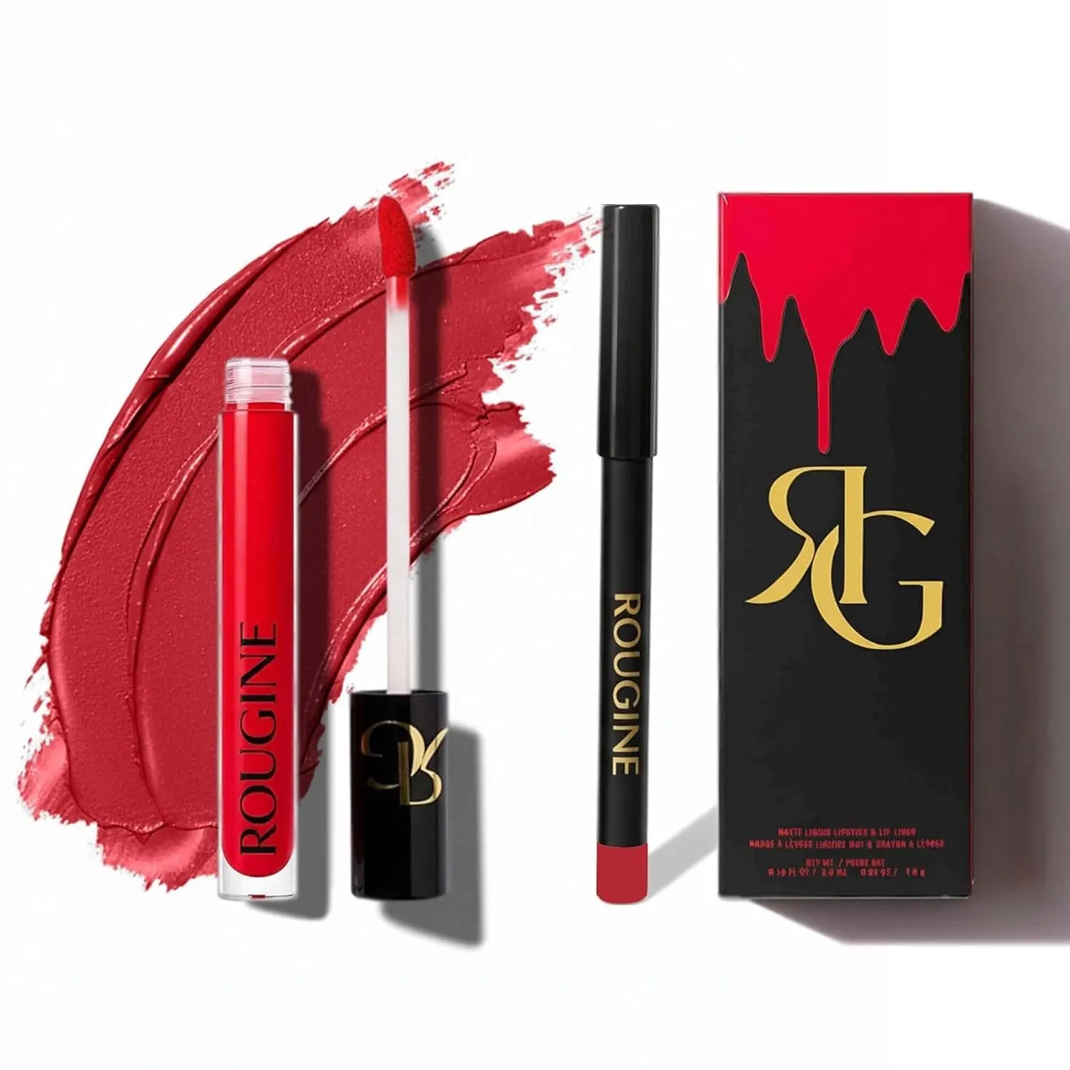 Rougine Matte Lipstick & Lip Liner Set for Women Red Love Shade Long-Lasting Waterproof 2-In-1 Lip Kit Smudge-Proof Liquid Lipstick with Precision Liner Enriched with Vitamin E & Shea Butter - Gloss, Lipgloss