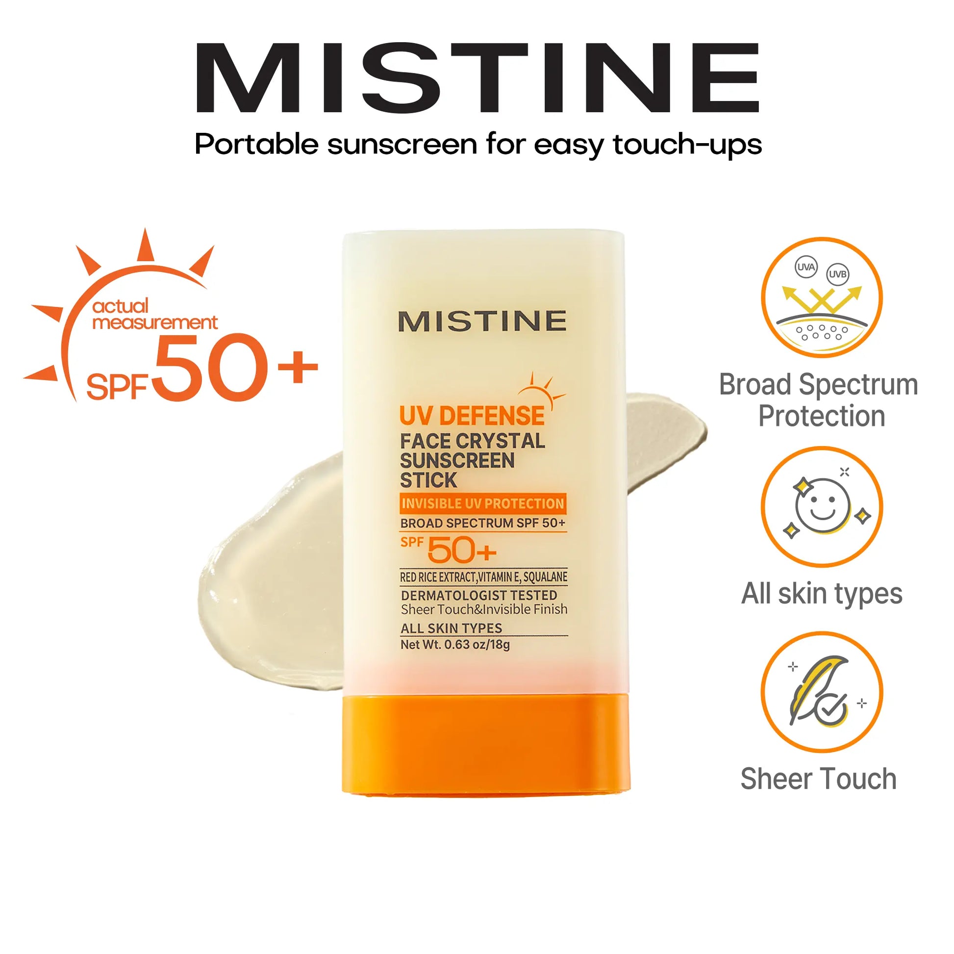 【NEW】【MISTINE Official】Uv Protection Crystal Sunscreen Stick SPF50+ | High-Performance Outdoor Sun Protection | for Face & Body | Portable for Easy Reapplication | Wider Coverage #Summervibes