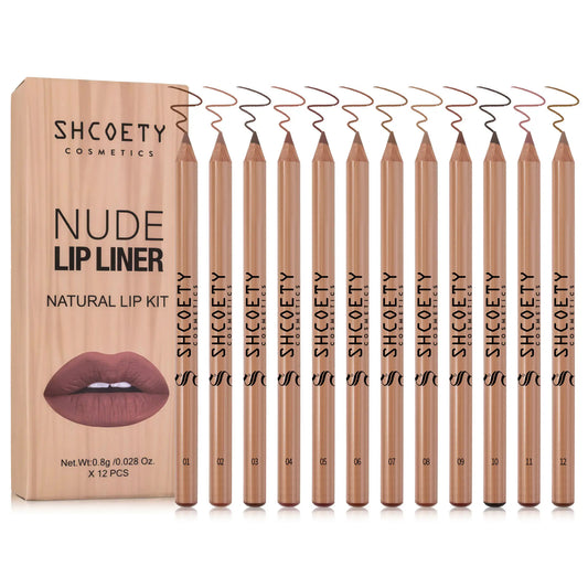 12 Pcs Nude Lip Liner Set, Natural Wood Lip Pencil Kit, Creamy Smooth Matte Formula, Long-Lasting Smudge-Resistant Lip Contour Pencils for Defined Lip Shape, Easy to Apply, Blend and Layer for Daily.