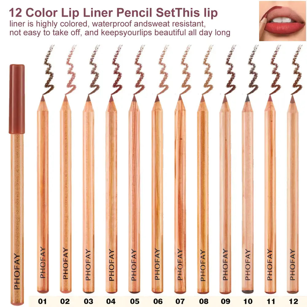 PHOFAY 12 Shades Nude Lip Liner Kit | Waterproof & Ultra-Smooth Lip Pencils | Perfect Gift Set for Daily Makeup