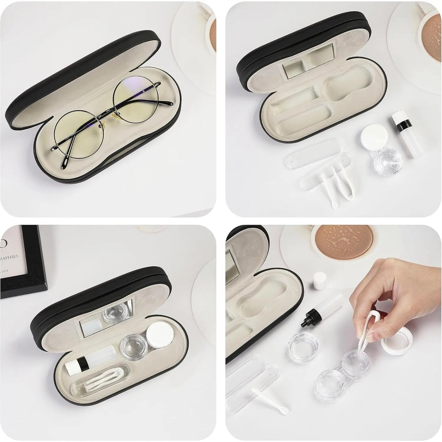 2 in 1 Contact Lens & Eyeglasses Case with Built-In Mirror, Portable Leather Travel Kit with Tweezer, Lens Remover & Solution Bottle