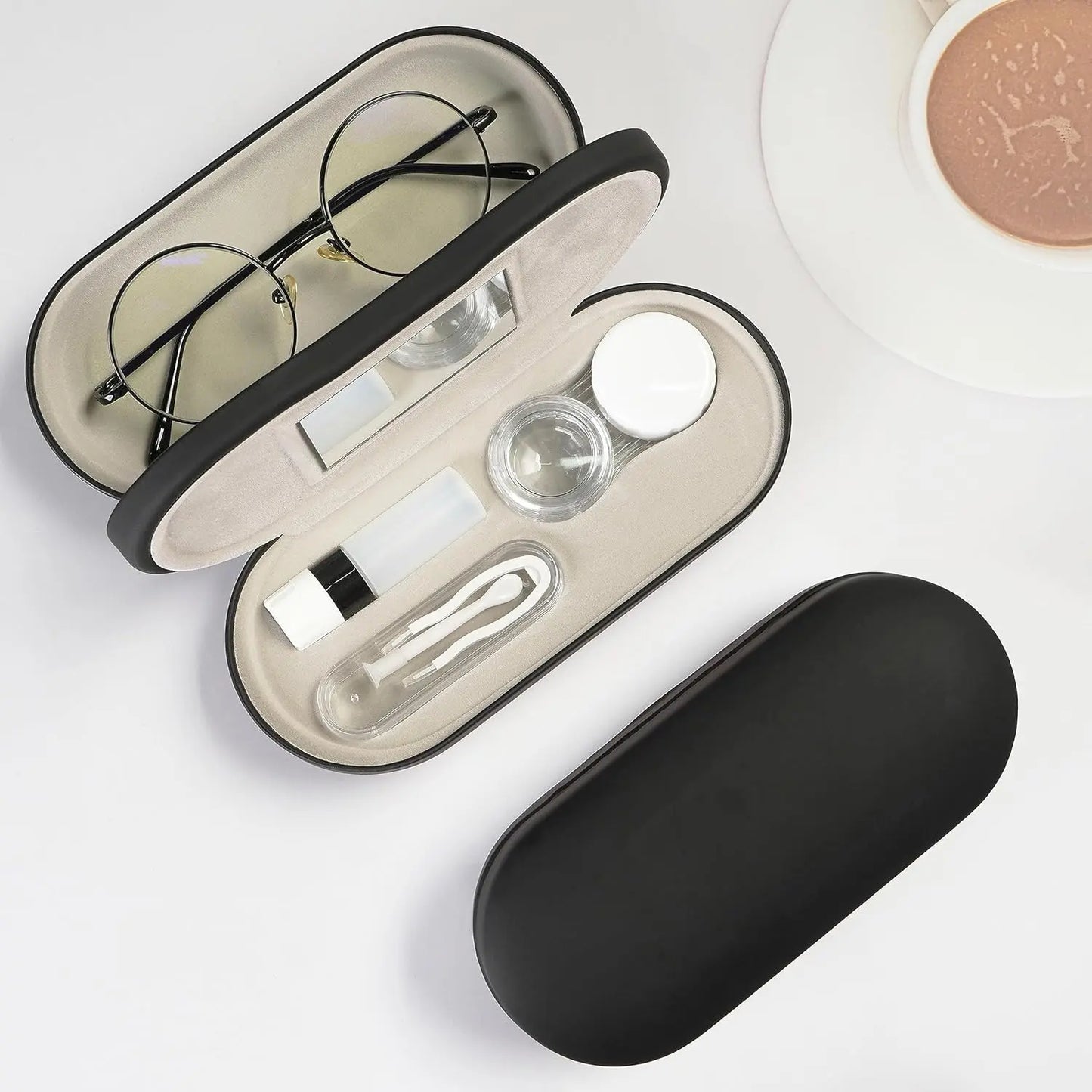 2 in 1 Contact Lens & Eyeglasses Case with Built-In Mirror, Portable Leather Travel Kit with Tweezer, Lens Remover & Solution Bottle