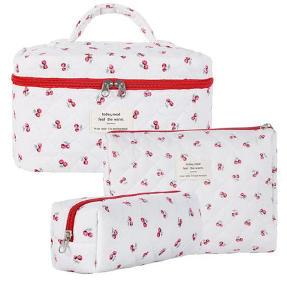 Gosect Quilted Floral 3-Piece Makeup Bags Set - Soft Cotton Diamond Quilting, High-Capacity Tote with Fixed Shoulder Strap, Medium Flat Pouch, Small Pencil Case, Double Zipper, Everyday Bag, Teenage Girl Gifts,Summervibes