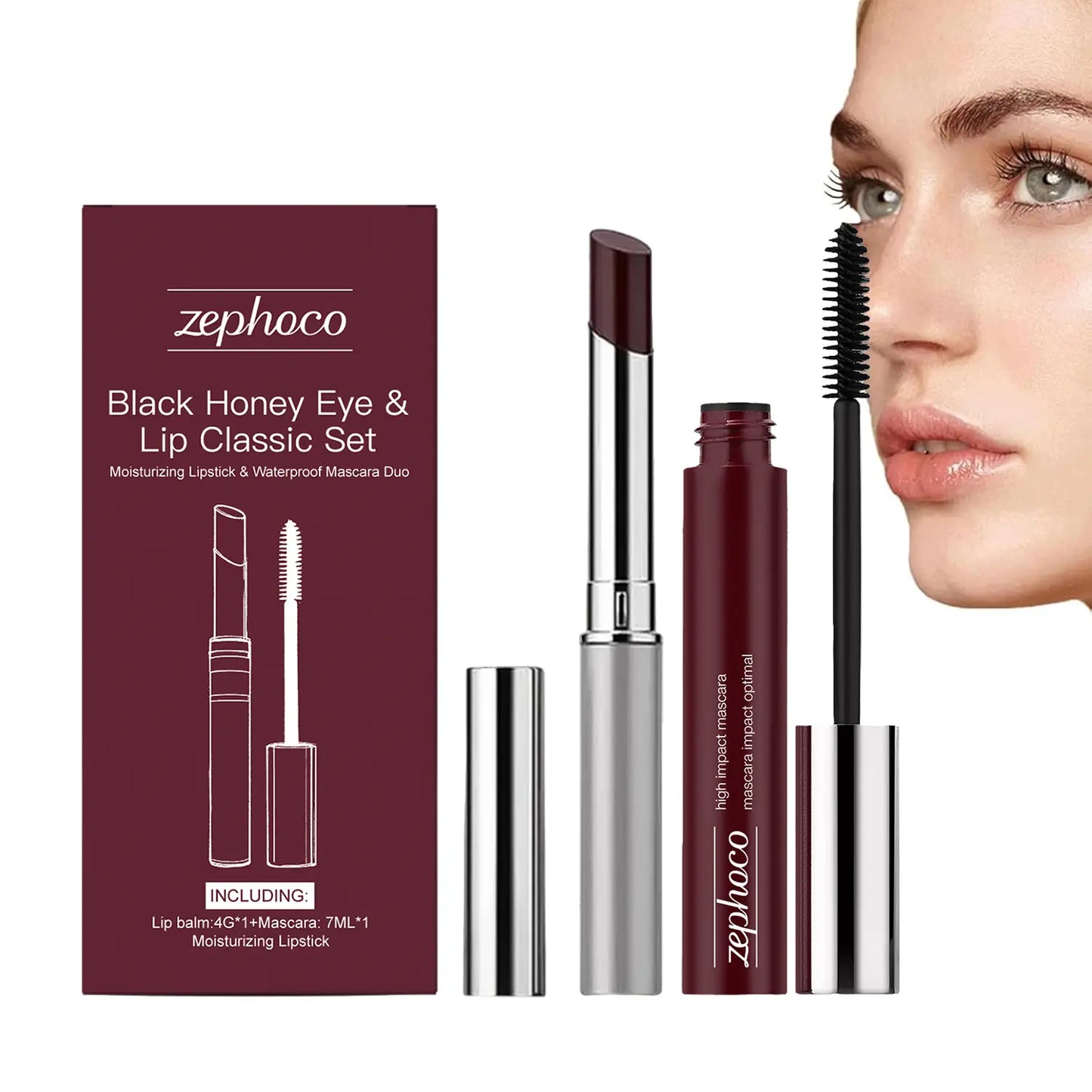 Black Honey Lip & Eye Bundle Set, Almost Lipstick Honey + High Impact Mascara, Black Tinted Lip Balm, Sheer Hydrating Lipstick, Non-Sticky Soft-Shine Finish, for Facial and Lips Care (1Set)