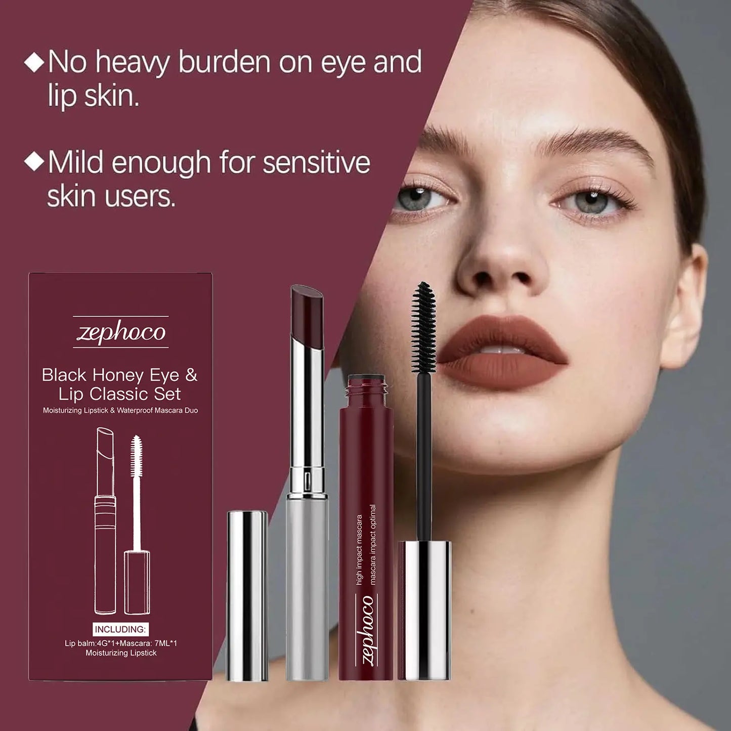 Black Honey Lip & Eye Bundle Set, Almost Lipstick Honey + High Impact Mascara, Black Tinted Lip Balm, Sheer Hydrating Lipstick, Non-Sticky Soft-Shine Finish, for Facial and Lips Care (1Set)