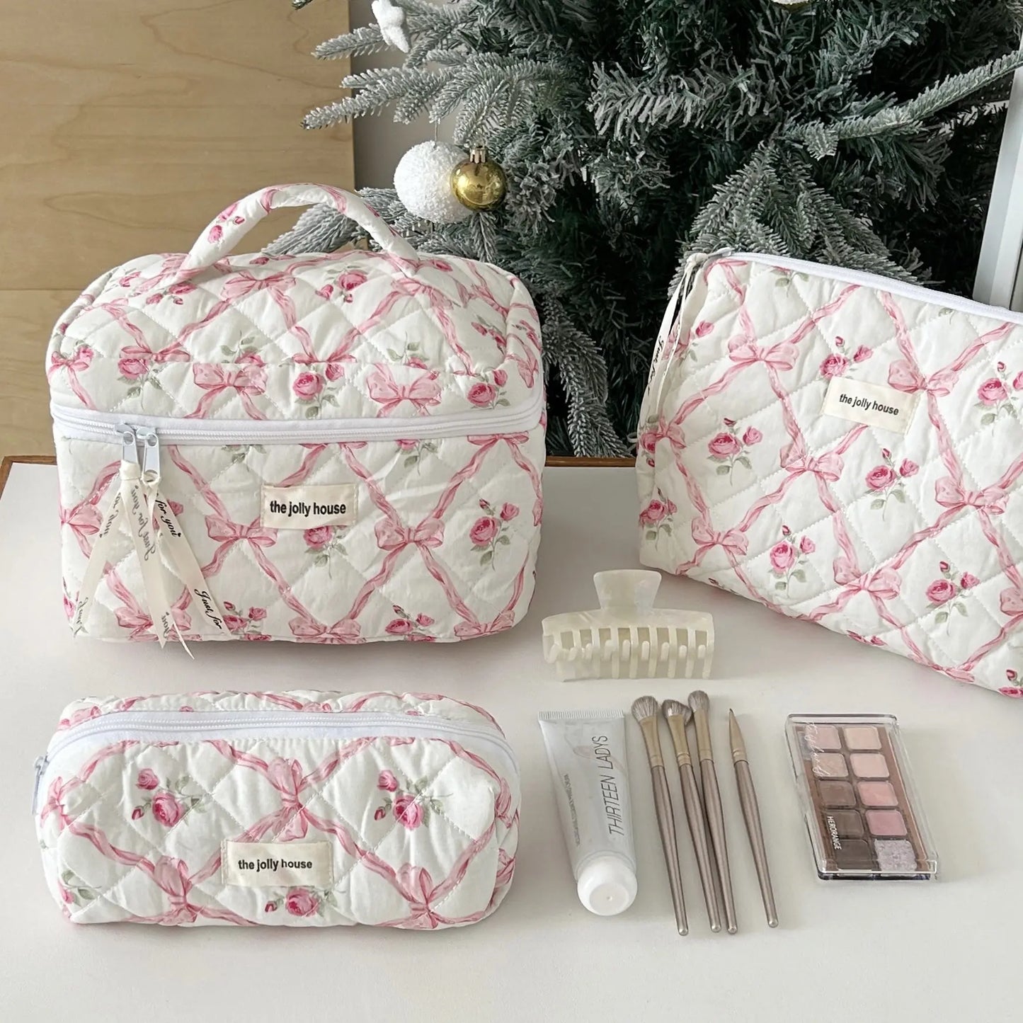 Gosect Quilted Floral 3-Piece Makeup Bags Set - Soft Cotton Diamond Quilting, High-Capacity Tote with Fixed Shoulder Strap, Medium Flat Pouch, Small Pencil Case, Double Zipper, Everyday Bag, Teenage Girl Gifts,Summervibes
