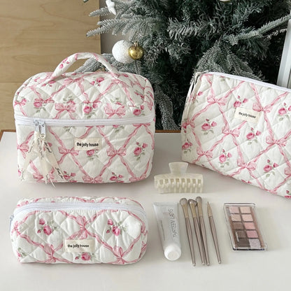Gosect Quilted Floral 3-Piece Makeup Bags Set - Soft Cotton Diamond Quilting, High-Capacity Tote with Fixed Shoulder Strap, Medium Flat Pouch, Small Pencil Case, Double Zipper, Everyday Bag, Teenage Girl Gifts,Summervibes