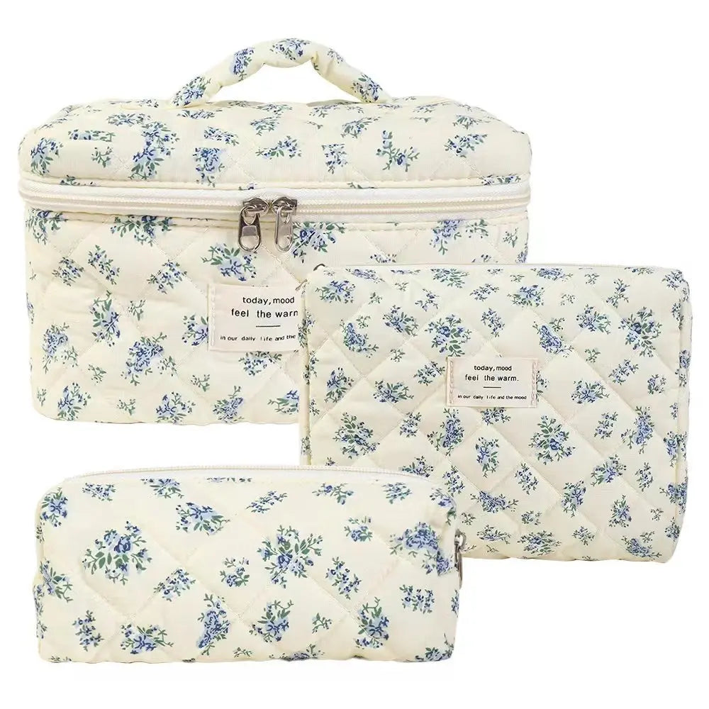 Gosect Quilted Floral 3-Piece Makeup Bags Set - Soft Cotton Diamond Quilting, High-Capacity Tote with Fixed Shoulder Strap, Medium Flat Pouch, Small Pencil Case, Double Zipper, Everyday Bag, Teenage Girl Gifts,Summervibes