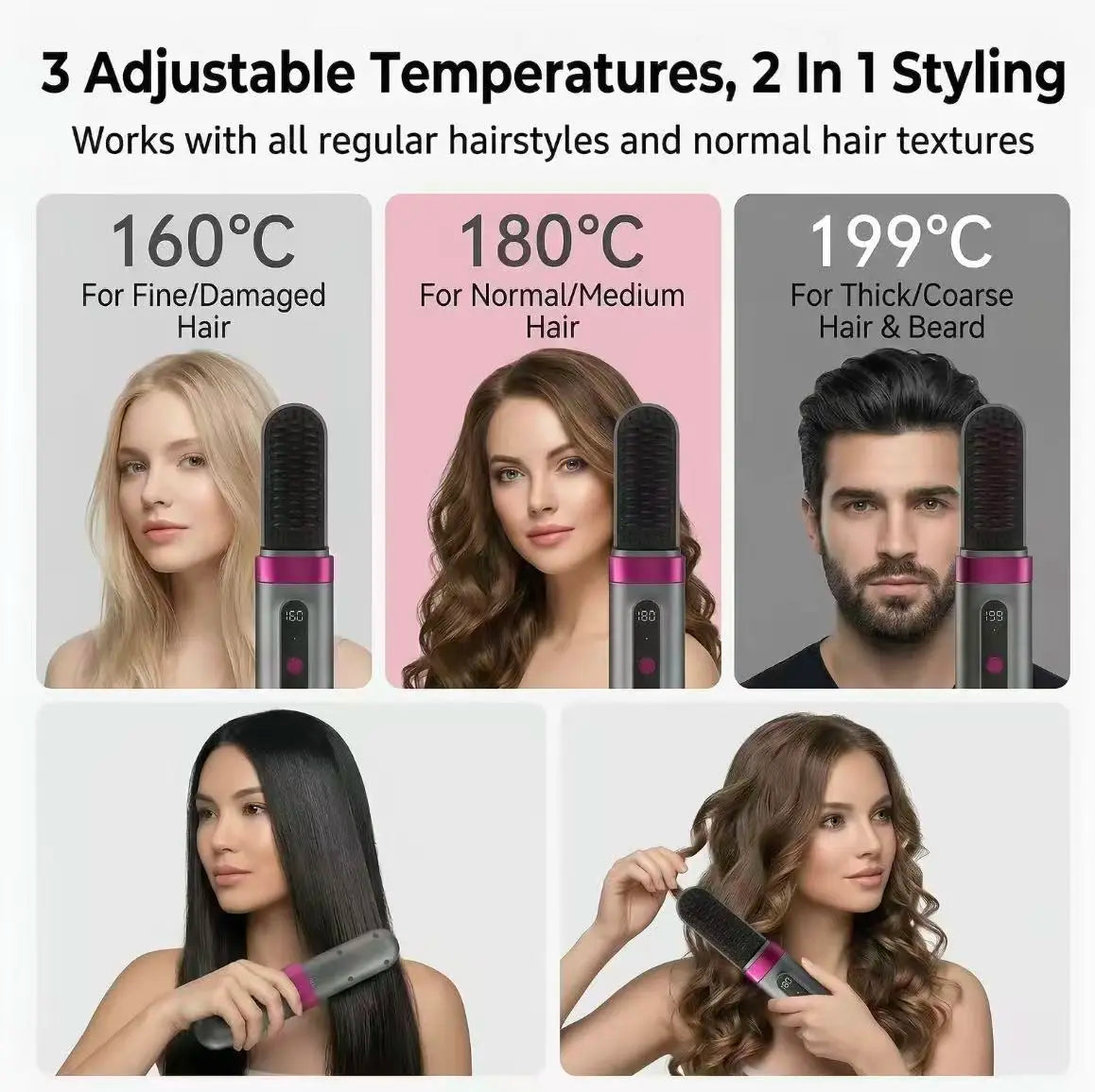 Mini Capsule Cordless Hair Straightening Brush, Rechargeable Heated Brush with LCD Display, Ceramic Bristles, Pocket-Size Travel Hair Styler for On-The-Go Use